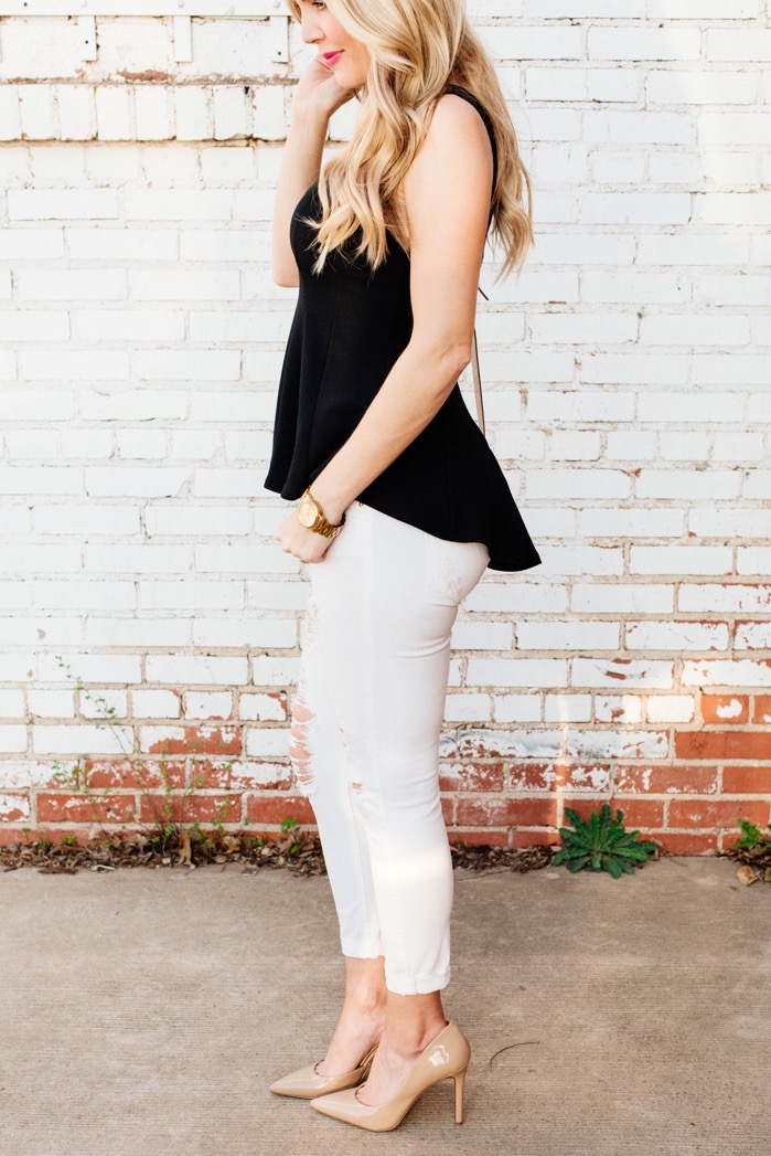 white jeans black heels